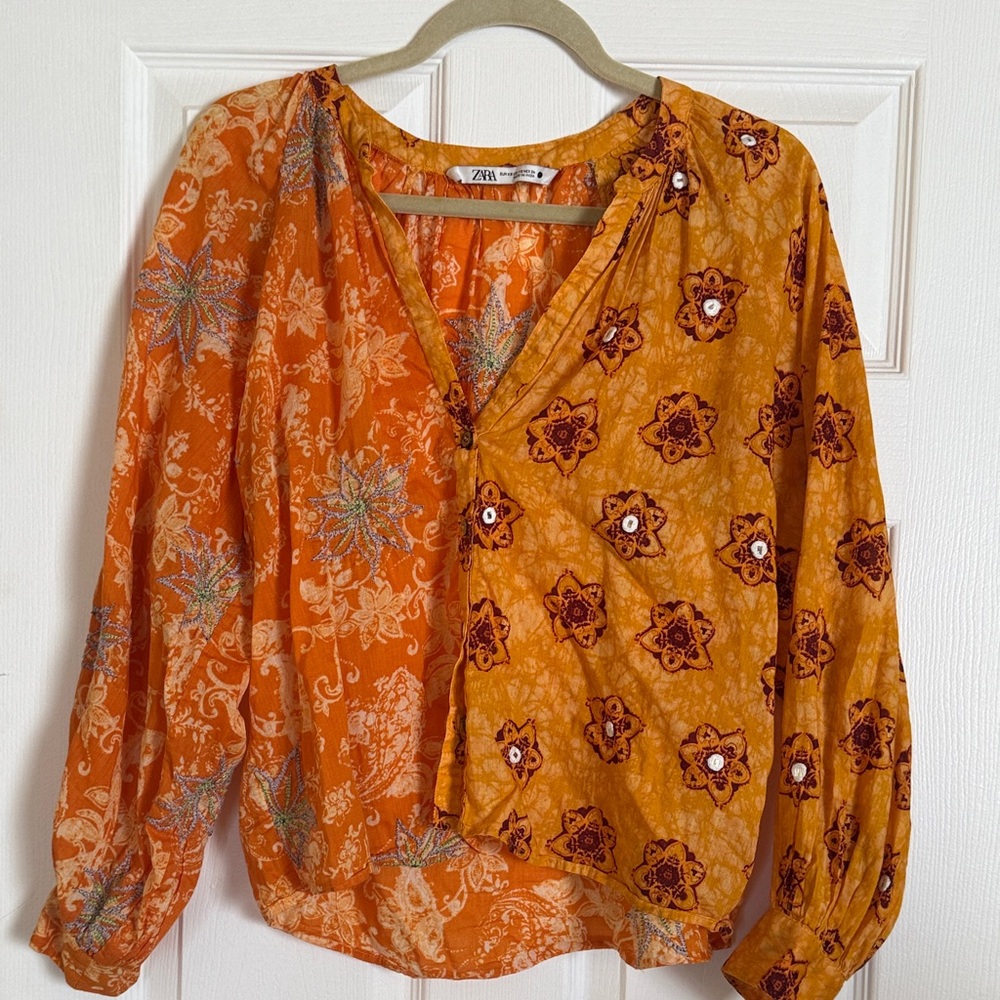 Zara Women's Orange and Yellow Patterned Blouse